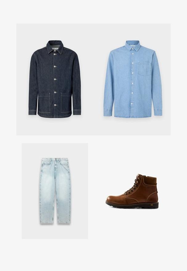 Dunkle Jeansjacke mit spitzem Kragen, Fünf-Knopf-Verschluss vorne, zwei Fronttaschen und kontrastierenden Zierstichen.; Hellblaues Denim-Hemd mit langen Ärmeln, einer Brusttasche, Knopfleiste und klassischem Kragen vor weißem Hintergrund.; Helle blaue Denim-Jeans mit weitem Schnitt, geradem Bein, verblasster Textur, Fünf-Taschen-Design und Metallknopfverschluss am Bund.; Brauner Leder-Stiefelette mit gepolstertem Kragen, Schnürverschluss und robustem schwarzem Profilsohle, entworfen für Outdoor-Abenteuer.