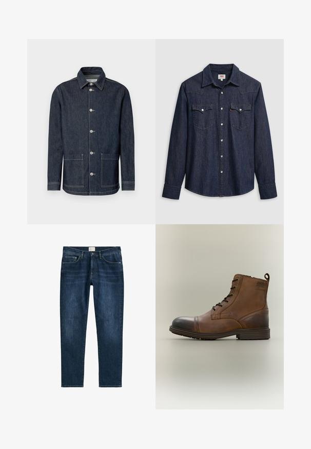 Donker denimjack met een puntige kraag, sluiting met vijf knopen aan de voorkant, twee voorzakken en contrasterende stikseldetails.; Donkerblauw denimhemd met een puntige kraag, drukknoopsluiting en borstzakken. Heeft stikseldetail en lange mouwen.; Donkerblauwe denim jeans met een rechte pijp, vijf zakken, riemlussen en subtiele vervaging. De stof heeft een gladde textuur.; Bruine leren enkellaars met veters, zwarte neuskap, ronde zool en merkdetail aan de zijkant tegen een effen achtergrond.