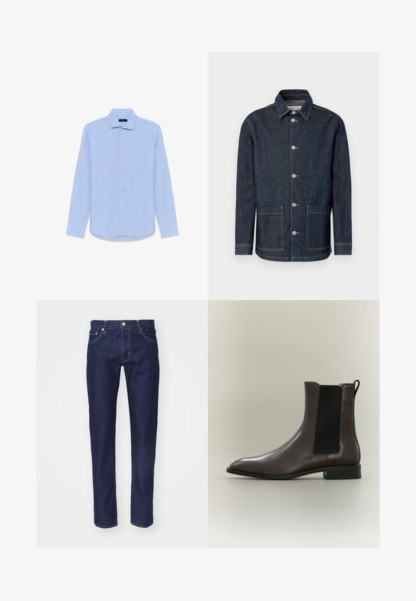 Dunkle Jeansjacke mit spitzem Kragen, Fünf-Knopf-Verschluss vorne, zwei Fronttaschen und kontrastierenden Zierstichen.; Hellblaues langärmliges Hemd mit Knöpfen, spitzem Kragen und weißen Knöpfen, flach auf einem weißen Hintergrund ausgelegt.; Marineblaue Denim-Jeans mit geradem Schnitt, fünf Taschen, kontrastierendem orangenem Nahtdesign und einem silbernen Knopfverschluss an der Taille.; Dunkelbrauner Leder-Chelsea-Stiefel mit schwarzem elastischem Seiteneinsatz und niedrigem schwarzen Absatz auf schlichten hellem Hintergrund.