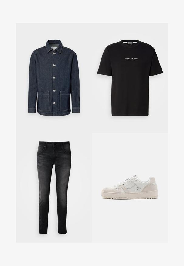 Mørk denimjakke med spids krave, frontlukning med fem knapper, to forlommer og kontrasterende syninger.; Sort bomulds t-shirt med rund halsudskæring, korte ærmer og hvid broderet tekst "SCOTCH & SODA" på forsiden. Glat tekstur.; Sorte denimjeans med slim fit, fem-lomme design, diskret falmning og kontraststing. Har klassisk metalknap og lynlås lukning.; Hvide sneakers med ruskind og lædermaterialer, kontrasterende teksturer, perforerede detaljer og et chunky, rillet såldesign.