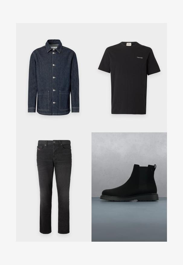 Dunkle Jeansjacke mit spitzem Kragen, Fünf-Knopf-Verschluss vorne, zwei Fronttaschen und kontrastierenden Zierstichen.; Schwarzes, kurzärmeliges Freizeit-T-Shirt mit Rundhalsausschnitt und kleinem weißen "Calvin Klein"-Logo auf der linken Brust.; Schwarze Denim-Jeans mit geradem Bein, ausgestattet mit fünf Taschen, einem Knopfverschluss und subtilen Nähdetails auf der Vorderseite.; Schwarze Knöchelstiefel aus glattem Material mit subtilen Nähten, einer Gummisohle und einem eleganten Design, platziert auf einer Oberfläche mit Holzstruktur.
