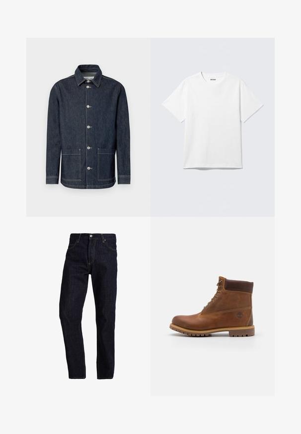 Mørk denimjakke med spids krave, frontlukning med fem knapper, to forlommer og kontrasterende syninger.; Hvid kortærmet crewneck T-shirt lagt fladt ud, ensfarvet design, med "WEEKDAY" mærkat inde i kraven på en lys baggrund.; Mørkeblå denim jeans med lige pasform, med gul syning, fem lommer og en klassisk knap- og lynlås lukning.; Brun læder vandrestøvle med en glat finish, polstret ankel, metalliske snørehuller og en gummisål med et robust dækmønster.