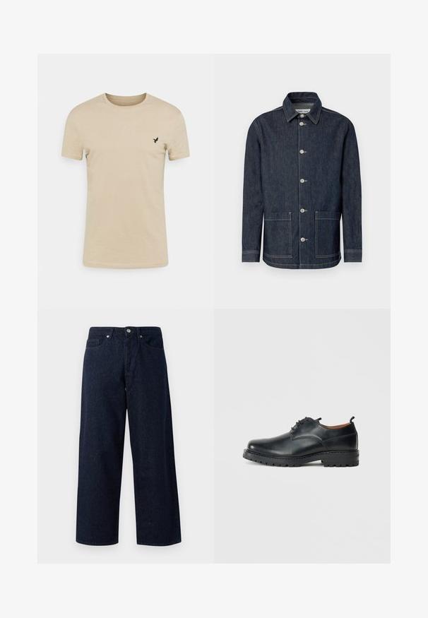 Mørk denimjakke med spids krave, frontlukning med fem knapper, to forlommer og kontrasterende syninger.; Beige kortærmet T-shirt lavet af blødt stof, med rund halsudskæring og et lille sort fugle-logo på venstre brystområde.; Mørkeblå denim brede jeans med knaplukning, forlommer og subtil tekstur, med lige kanter og en afslappet pasform.; Sorte læder derby-sko med en glat overflade, rund tå, snøre-design og en tyk, robust gummisål.