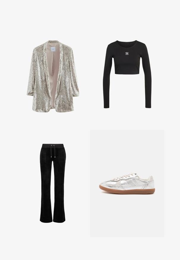 Glänzende silberne Paillettenjacke mit offenem Frontbereich, dreiviertelärmlig und mit einer glatten Innendämpfung. Etikett innen sichtbar.; Schwarzes Langarm-Crop-Top aus Rippstoff mit Rundhalsausschnitt; verfügt über ein zentriertes weißes Adidas-Logo auf der Brust.; Schwarze, ausgestellte Jogginghosen mit weicher Textur, elastischem Bund, Kordelzug und zwei Fronttaschen.; Niedriger Sneaker mit metallisch silbernem Obermaterial, beigen Schnürsenkeln und Gummisohle auf hellem einfarbigem Hintergrund.