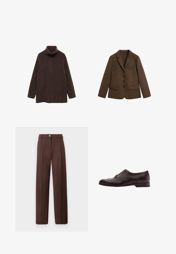 Brun uldblazer med hakkede revers, fire knapper, to frontlommer med klap og en brystlomme, vist på en ensfarvet baggrund.; Brun turtle neck sweater lavet af blødt strikstof. Har lange ærmer og en afslappet pasform med høj krave for ekstra varme.; Brune bukser med højtaljede, lige ben, frontknap, lynlås, bæltestropper og sidelommer mod en neutral baggrund.; Brune læder dress sko med brogue-detaljer, snørebånds lukning, rund tå og en lav stablet hæl. Poleret finish og indviklede perforeringer.