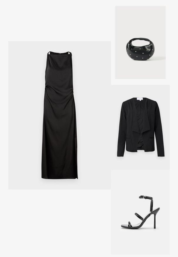Schwarze Blazer aus glattem Stoff mit drapiertem Vorderteil, langen Ärmeln und zwei Seitentaschen. Minimalistisches Design ohne Knöpfe oder Verzierungen.; Schwarzes ärmelloses Kleid mit gerader Silhouette, aus glattem Stoff gefertigt. Besitzt Raffung und einen seitlichen Schlitz für zusätzliche Details.; Schwarze Lackleder-High-Heel-Sandalen mit drei horizontalen Riemen und einem verstellbaren Knöchelriemen. Schlanke Silhouette und glänzende Oberfläche.; Schwarze Lederhandtasche mit abgerundeter Form, verziert mit silbernen Nietenakzenten und kurzem Griff. Glatte Struktur und Reißverschlussverschluss.