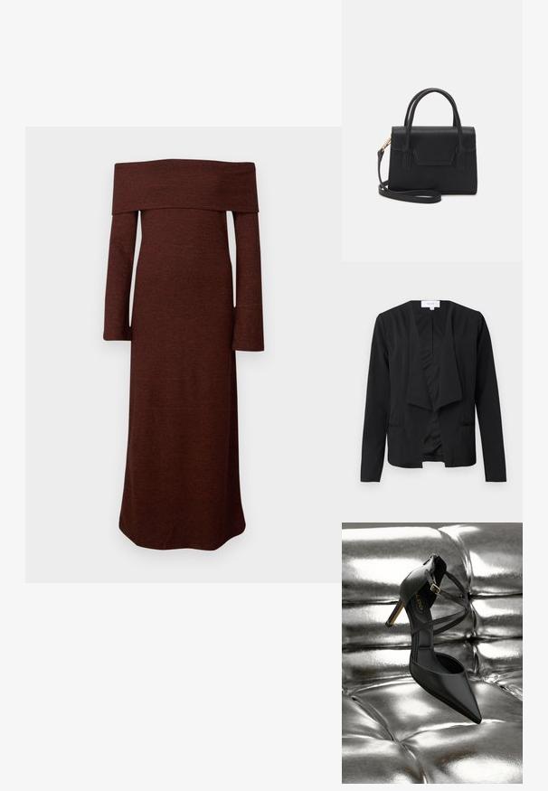 Blazer noir en tissu lisse avec un devant drapé, des manches longues et deux poches latérales. Design minimaliste sans boutons ni ornements.; Robe brune, décolletée d'une épaule, à manches longues, faite d'un tissu texturé ; corsage ajusté qui se prolonge en une jupe droite en dessous du genou.; Chaussure noire à talon haut et bout pointu avec des brides croisées et une boucle en or reposant sur une surface argentée brillante matelassée.; Sac à main structuré noir en cuir avec une poignée supérieure, une bandoulière détachable et un détail à rabat à l'avant. Accents en matériel doré.