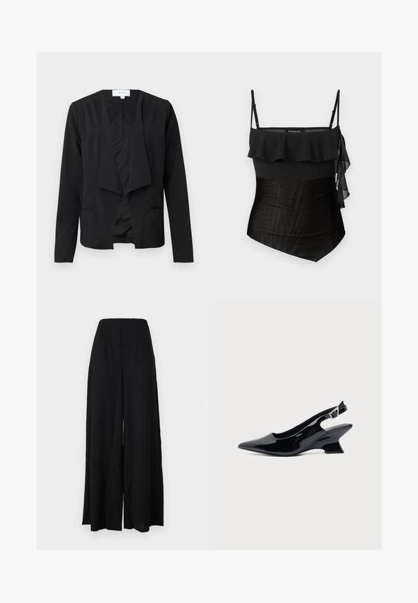 Blazer negro hecho de una tela suave con un frente drapeado, mangas largas y dos bolsillos laterales. Diseño minimalista sin botones ni adornos.; Top negro con tirantes delgados ajustables, diseño de volantes en capas en el escote y un cuerpo de textura suave. El lateral tiene un acento fluido y transparente.; Pantalones de pierna ancha negros, confeccionados con una tela texturizada, que presentan una cintura alta con pliegues y bordes limpios para una silueta elegante.; Zapato slingback de cuero charol negro con puntera puntiaguda y tacón bajo en bloque inclinado sobre fondo claro liso.