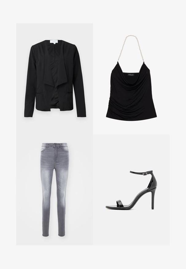 Sort blazer lavet af glat stof med draperet front, lange ærmer og to sidelommer. Minimalistisk design uden knapper eller udsmykninger.; Sort draperet tanktop med en løstsiddende halsudskæring og tekstureret stof. Har perlekædestrapper og et logomærke indeni.; Slanke jeans i falmet grå denim, med høj talje, standard fem-lomme design og subtile slidmærker foran.; Sorte patentlæder højhælede sandaler med en slank ankelstrop, åben tå, minimalisk design og en glat, blank finish.