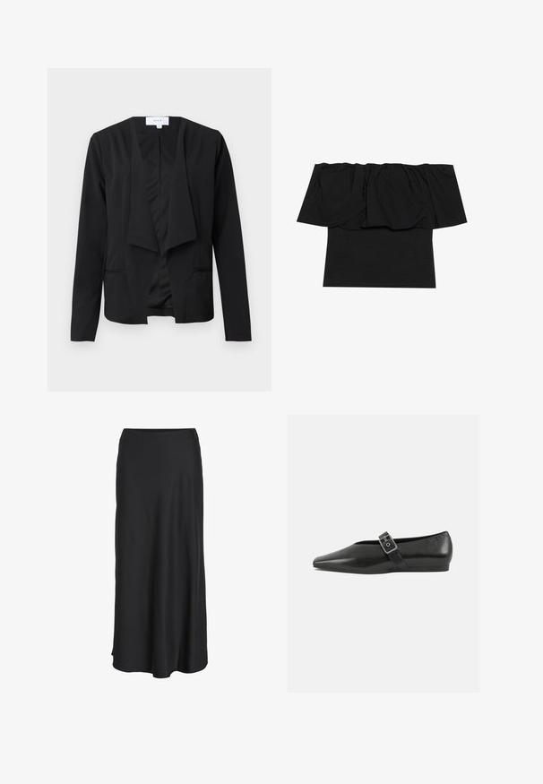Sort blazer lavet af glat stof med draperet front, lange ærmer og to sidelommer. Minimalistisk design uden knapper eller udsmykninger.; Sort off-shoulder top med foldet stof ved halsudskæringen, en tætsiddende tekstur ved kroppen og korte ærmer. Blødt, glat materiale.; Sort maxinederdel lavet af glat, letvægtsstof. Har en enkel A-formet silhuet med en let udvidet kant og ingen synlige lukninger.; Sorte læder flade sko med spidse tæer, prydet med en metallisk spænde over vristen og en lav, fleksibel sål.
