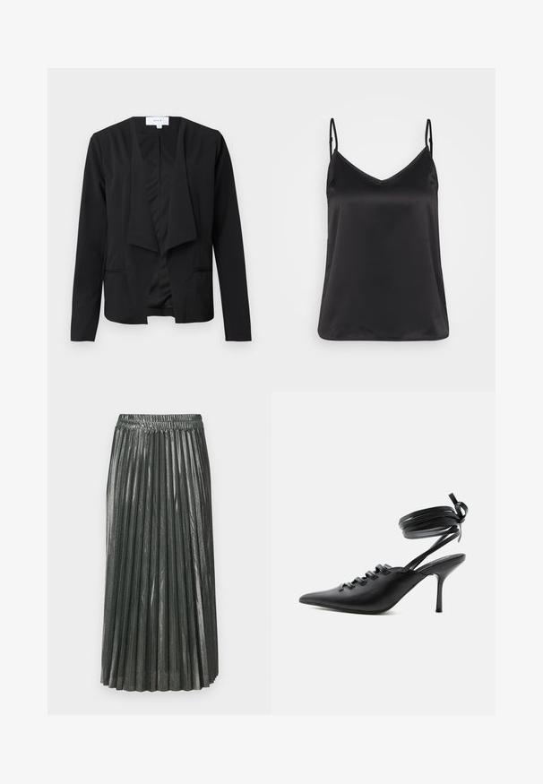 Sort blazer lavet af glat stof med draperet front, lange ærmer og to sidelommer. Minimalistisk design uden knapper eller udsmykninger.; Sort satin camisole med V-hals, tynde justerbare stropper og en glat, blank overflade. Ingen mønstre eller yderligere dekorationer.; Metallic grøn plisseret nederdel med elastisk talje. Har smalle, vertikale plisser og et mellemlangt design, der skaber en struktureret silhuet.; Sort spids sko med høje hæle, snørelukning foran og omlægning omkring anklerne bundet med sløjfe, vist fra siden på hvid baggrund.