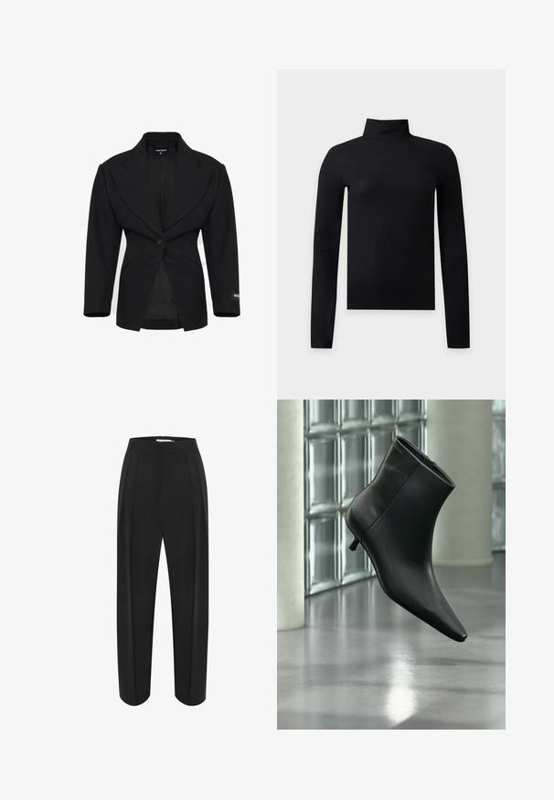 Schwarzer maßgeschneiderter Blazer mit breiten Revers, Ein-Knopf-Verschluss und zwei vorderen Schlitztaschen, beschriftet mit WRSTBHVR am Ärmel und Kragen.; Schwarzes, geripptes Langarm-Rollkragenoberteil mit figurbetontem Schnitt und hohem Kragen auf einfachem hellem Hintergrund.; Schwarze weit geschnittene Hose mit hoher Taille, aus einem glatten Material und mit zwei vorderen Falten. Entworfen in einem klaren, maßgeschneiderten Schnitt.; Schwarzer Leder-Stiefelette mit spitzer Zehenpartie und niedrigem Kitten-Heel, schräg dargestellt vor einem polierten Boden und einer Glasbausteinwand.