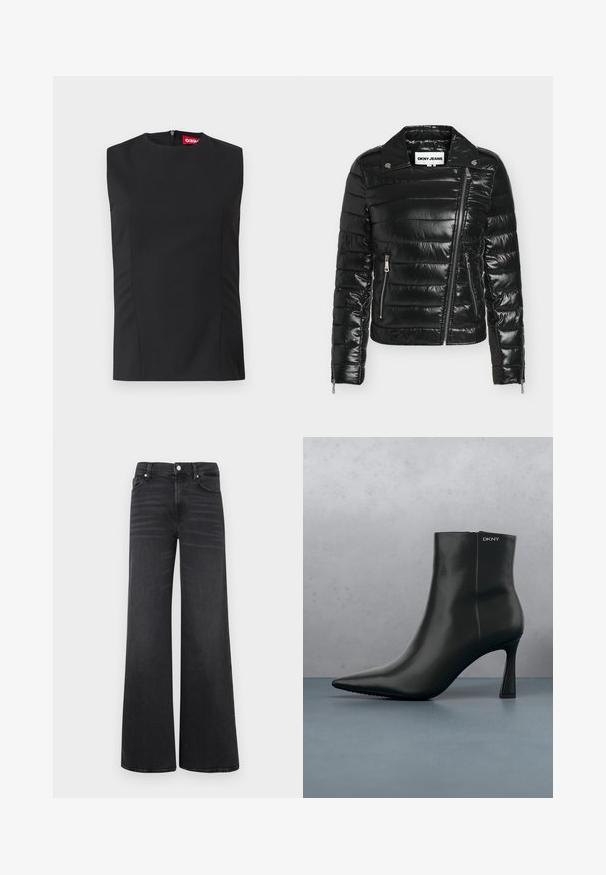 Zwarte doorgestikte pufferjas met diagonale rits aan de voorkant, twee zijzakken met rits, kraag met drukknopen en geritste manchetten, gelabeld DKNY JEANS.; Zwart mouwloos topje met hoge hals, voorste naden en een onzichtbare rits aan de achterkant. Gemaakt van gladde stof met een gestructureerde pasvorm.; Zwarte high waist wijde broekspijpen jeans met voorste knoopsluiting en zakken, weergegeven op een effen witte achtergrond.; Zwarte leren enkellaars met spitse neus en een geometrische hak. Heeft subtiele branding en een gladde textuur. De achtergrond heeft getextureerde tegels.