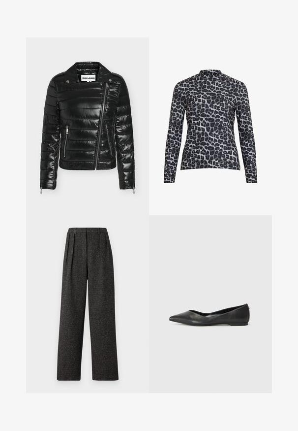 Mustast tikitud suletaskuga jope diagonaalse esiklõpsuga, kahe lukuga küljetaskuga, trukknööbi kraega ja lukuga varrukate äärega, sildistatud DKNY JEANS.; Pikem varrukaga topp, millel on kõrge kaelus, valmistatud siledast kangast musta ja halli leopardimustriga.; Tumed hallid püksid tekstuuri viimistlusega, mis on varustatud ees olevate voldikutega ja sirge lõikega, pakkudes mugavat istuvust ja puhtaid jooni.; Mustrist musta ballerina king, mille terav varvas, madal konts ja sile pind. Minimalistlik disain peene külgaktsentiga.