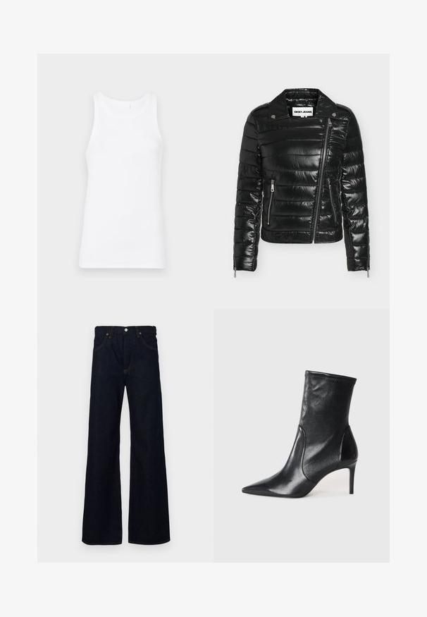 Doudoune noire matelassée avec fermeture éclair diagonale à l'avant, deux poches latérales zippées, col à pression et poignets zippés, étiquetée DKNY JEANS.; Débardeur en coton blanc avec un col rond et de larges bretelles. Le tissu est lisse et ajusté, sans motifs ni embellissements visibles.; Jeans en denim bleu foncé à jambes larges avec une taille haute, présentant des coutures contrastées, des passants de ceinture et un design à cinq poches.; Bottes noires à la cheville en cuir lisse, dotées d'un bout pointu, d'un tige ajustée et d'un talon haut fin. Design minimaliste sans quincaillerie visible.