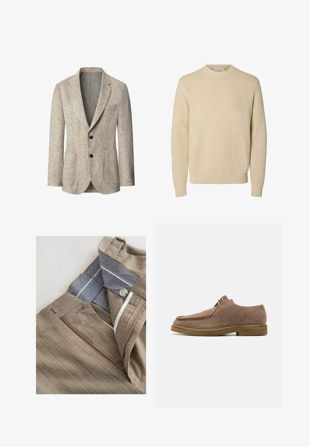 Beiger Wollblazer für Herren mit Kerb-Revers, Zweiknopfverschluss, aufgesetzten Taschen und einer Brusttasche, Vorderansicht vor weißem Hintergrund.; Schlichter beiger Rundhals-Strickpullover mit langen Ärmeln und gerippten Bündchen und Saum.; Braun gestreifte Hose mit einer Reißverschlusstasche, blauer Innenausstattung und weißen Nähdetails. Sie verfügt über einen klassischen Schnitt und Gürtelschlaufen.; Zign by Zalando LEATHER - Sportlicher Schnürer - taupe