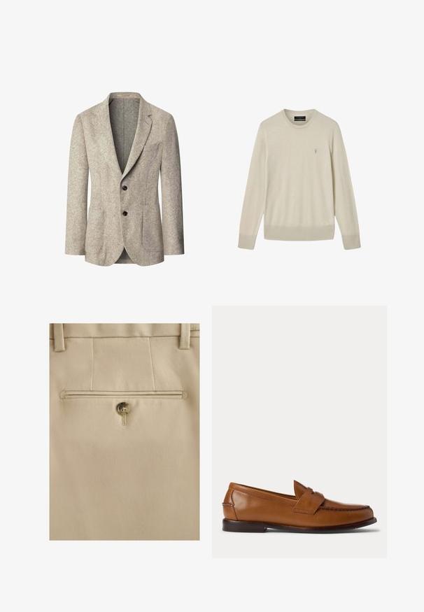 Beiger Wollblazer für Herren mit Kerb-Revers, Zweiknopfverschluss, aufgesetzten Taschen und einer Brusttasche, Vorderansicht vor weißem Hintergrund.; Beiger Pullover mit Rundhalsausschnitt und langen Ärmeln, gerippten Bündchen und Saum, mit kleinem, auf der linken Brust gesticktem Logo.; Beige maßgeschneiderte Hose mit hinterer Tasche mit einem braunen Knopfverschluss und Gürtelschlaufen oberhalb des Bunds.; Brauner Leder-Penny-Loafer mit niedrigem Absatz und gesteppten Details an Vorder- und Seitenpartien, seitlich auf weißem Hintergrund dargestellt.