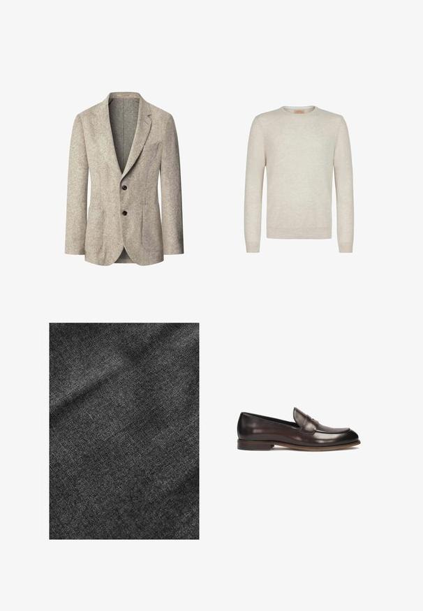 Beige herreblazer i uld med hakrevers, lukning med to knapper, påsyede lommer og brystlomme, forfra på hvid baggrund.; Beige crew-neck sweater lavet af blødt strikstof. Har lange ærmer samt ribbede manchetter og kant. Minimalistisk design med en glat tekstur.; Struktureret sort stof med en blød, let skinnende overflade, der viser et subtilt vævemønster og en glat fald.; Mørkebrune læder loafers med en afrundet tå, hævet syning og en let hæl. Glat tekstur og klassisk design.