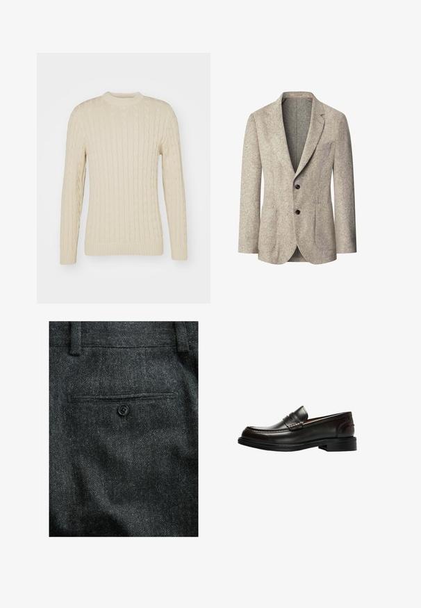 Beige wollen herenenblazer met inkeping revers, sluiting met twee knopen, opgestikte zakken en een borstzak, voorkant gefotografeerd tegen een witte achtergrond.; Kabelgebreide trui in lichtcreme. Heeft een ronde hals, lange mouwen, geribbelde boorden en zoom, met een gestructureerd oppervlakpatroon.; Donkergrijze wollen broek met een gestructureerd oppervlak, een enkele achterzak met een zwarte knoopsluiting en riemlussen in de taille.; Zwarte leren penny loafer met gestikte details en lage hak, zijaanzicht op een witte achtergrond.