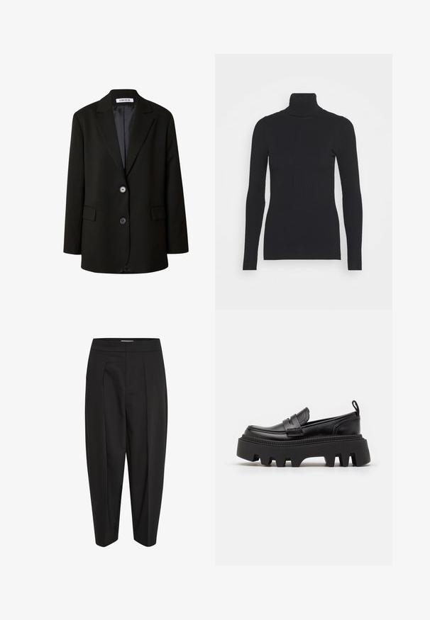 Schwarzer Blazer aus glattem Stoff mit einem Reverskragen, zwei Knöpfen und zwei vorderen Taschen für einen strukturierten Look.; Schwarzer gerippter Rollkragenpullover, der lange Ärmel und eine figurbetonte Silhouette bietet. Die Textur ist glatt mit einem horizontalen Rippenmuster.; Schwarze Hose aus glattem Material, mit hoher Taille, Mittelfalte und schmal zulaufenden Beinen. Keine sichtbaren Taschen oder Verzierungen.; Schwarze Lederloafer mit einer massiven schwarzen Gummisohle, ausgestattet mit rutschfesten Rillen und einem dekorativen Riemen über der Vorderseite.