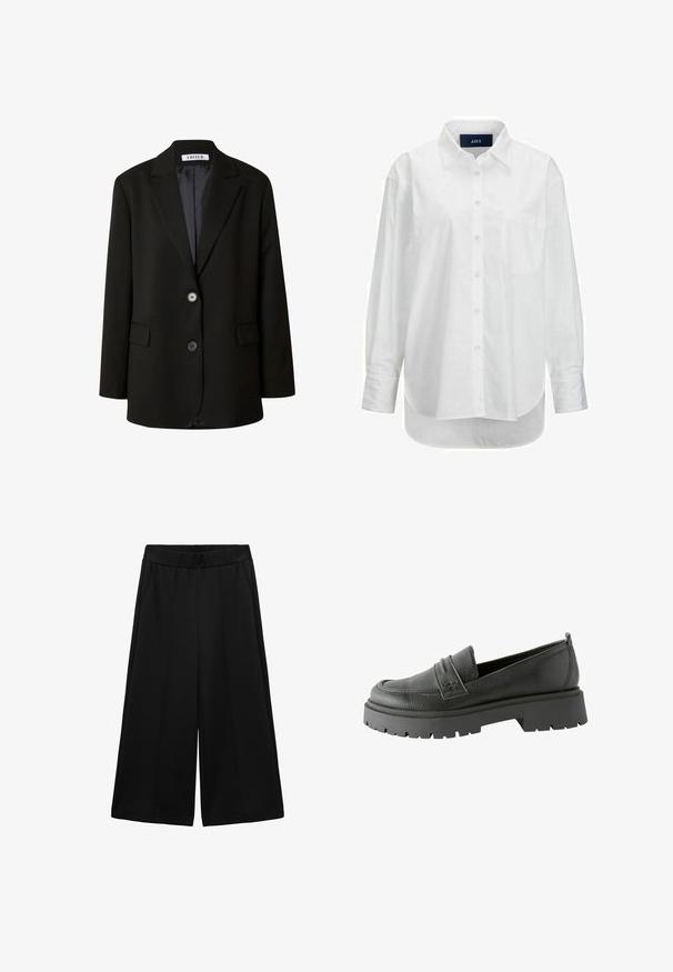 Zwarte blazer van soepel materiaal, met een gelapte revers, twee knopen en twee voorzakken voor een gestructureerde uitstraling.; Witte lange mouwen shirt van glad katoen met een button-down kraag, voorzak en ronde zoom. Heeft een achterpand voor extra structuur.; Zwarte wijde broek gemaakt van gestructureerde stof, met zijzakken en een gladde tailleband, ontworpen voor een ruime pasvorm.; Zwarte leren loafers met een gestructureerde afwerking, opvallende stikdetails en een dikke zwarte rubberen zool met een geprofileerd patroon.