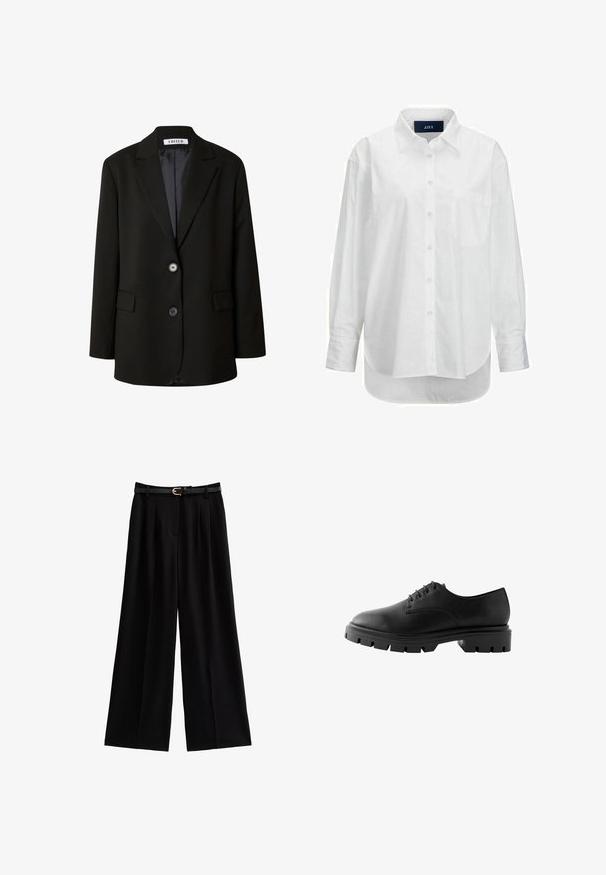 Zwarte blazer van soepel materiaal, met een gelapte revers, twee knopen en twee voorzakken voor een gestructureerde uitstraling.; Witte lange mouwen shirt van glad katoen met een button-down kraag, voorzak en ronde zoom. Heeft een achterpand voor extra structuur.; Wijde zwarte broeken van zacht materiaal, met scherpe plooien en een gestructureerde zwarte riem met een gouden gespaccent.; Zwarte leren schoen met een ronde neus, zes veterogen, platte veters en een stevige rubberen zool met diepe profielpatronen.