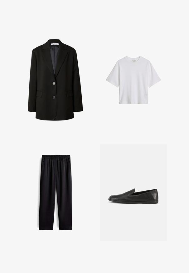 Zwarte blazer van soepel materiaal, met een gelapte revers, twee knopen en twee voorzakken voor een gestructureerde uitstraling.; Wit katoenen T-shirt met korte mouwen en een ronde hals, losse pasvorm, effen voorkant met zichtbare kraaglabel tegen een effen achtergrond.; Zwarte op maat gemaakte broek met een elastische tailleband, zijzakken, rechte pijpen, een gladde stofstructuur en zonder zichtbare patronen of accenten.; Zwarte leren instapschoenen met een gladde afwerking, een afgeronde neus en een minimalistisch ontwerp. Voorzien van een lage, flexibele rubberen zool.