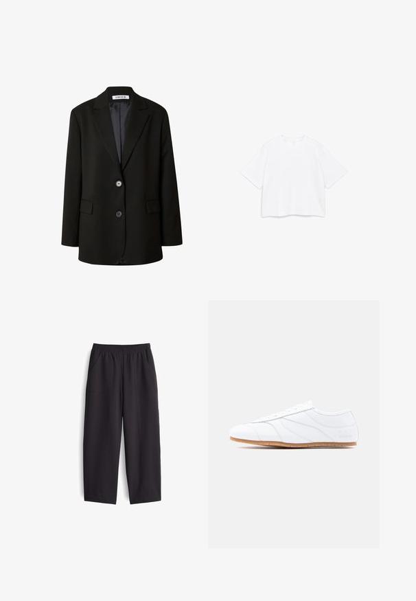 Schwarzer Blazer aus glattem Stoff mit einem Reverskragen, zwei Knöpfen und zwei vorderen Taschen für einen strukturierten Look.; Weißes kurzärmeliges T-Shirt mit rundem Halsausschnitt und kastenförmiger, weiter Passform, dargestellt vor einem schlichten weißen Hintergrund.; Schwarze, weit geschnittene Hosen aus glattem Stoff. Mit elastischem Bund und zwei Seitentaschen, versehen mit sichtbaren Nähdetails.; Weiße Low-Top-Sneaker mit Schnürdesign, glattem Lederobermaterial, dezenten abgenähten Einsätzen und hellbrauter Gummisohle.