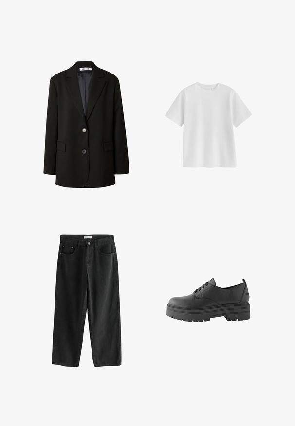 Zwarte blazer van soepel materiaal, met een gelapte revers, twee knopen en twee voorzakken voor een gestructureerde uitstraling.; Effen witte T-shirt met korte mouwen en ronde hals, regular fit en een gladde stoftextuur op een witte achtergrond.; Zwarte wijde denim jeans met een medium taille, voorzien van twee voorzakken, een knoopsluiting en subtiele stikdetails.; Next WIDE FIT FOREVER COMFORT CHUNKY - Veterschoenen - mottled black