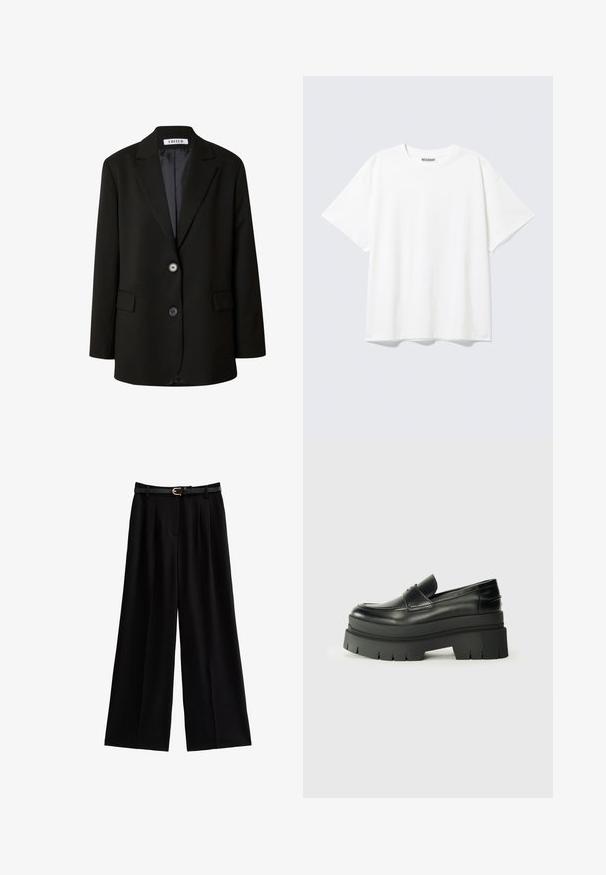 Zwarte blazer van soepel materiaal, met een gelapte revers, twee knopen en twee voorzakken voor een gestructureerde uitstraling.; Witte T-shirt met korte mouwen en een ronde hals, met een relaxte pasvorm en een "WEEKDAY" label aan de binnenkant achter bij de hals.; Wijde zwarte broeken van zacht materiaal, met scherpe plooien en een gestructureerde zwarte riem met een gouden gespaccent.; Zwarte lederen loafers met een chunky plateauzool. Rondere neus, naden aan de voorkant en subtiele stikselaccenten. Vlakke, gestructureerde buitenzool.