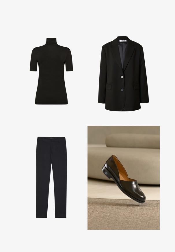 Blazer noir en tissu lisse, avec un revers cranté, deux boutons et deux poches frontales pour un look structuré.; T-shirt à col montant noir à manches courtes en tissu lisse et extensible, au design ajusté et aux bords sans couture.; Pantalons formels noirs slim fit avec passants de ceinture et poches avant, conçus pour un look professionnel et ajusté.; Chaussure en cuir noir sans lacets à petit talon flottant au-dessus d’un tapis beige texturé, canapé beige en arrière-plan.