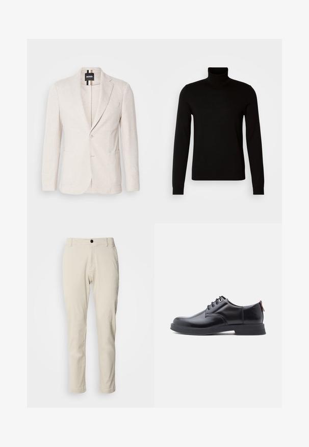 Lichtbeige blazer gemaakt van textuurstof, met een notch-lapel, twee voorzakken en een enkel knoopsluiting. Merktag zichtbaar aan de binnenkant.; Zwarte coltrui van fijn gebreide stof, met lange mouwen en een getailleerde pasvorm. Gladde textuur met geribbelde manchetten.; Beige chino's met een rechtstaande pijp, gemaakt van zachte katoenstof, voorzien van een rits en een enkele zwarte knoopsluiting.; Zwarte leren veter schoenen met een gladde textuur, ronde neus en subtiel stiksel detail. Voorzien van een rode trekband op de hiel.
