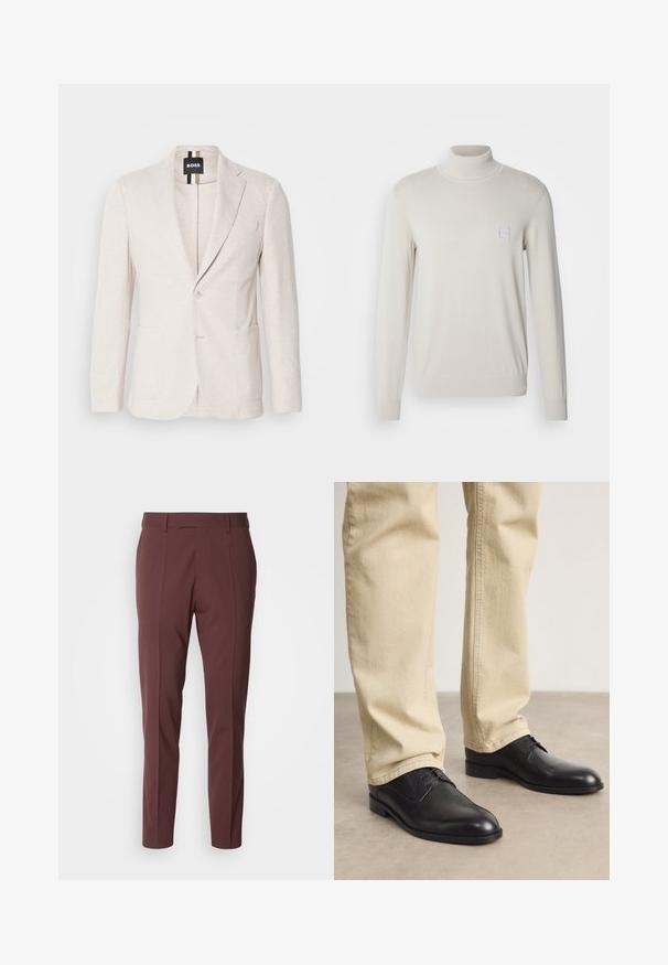 Lichtbeige blazer gemaakt van textuurstof, met een notch-lapel, twee voorzakken en een enkel knoopsluiting. Merktag zichtbaar aan de binnenkant.; Lichtbeige coltrui gemaakt van een zacht gebreide stof, met lange mouwen en een klein vierkant logo-opdruk op de borst.; BOSS GEORGE - Broek - open red; Zwarte leren veterschoenen met een ronde neus, een gladde afwerking en subtiele stikdetails, gedragen met lichtbeige broeken.