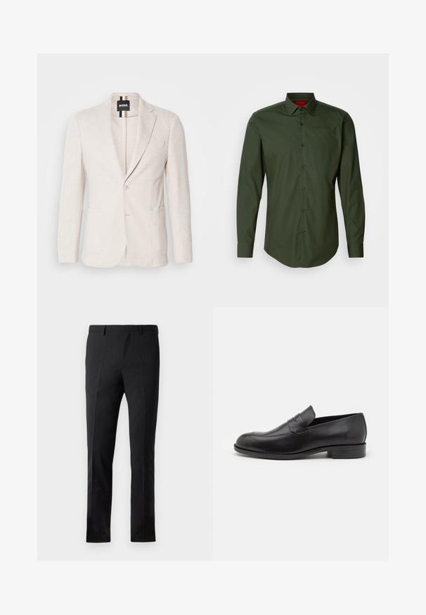 Lys beige blazer lavet af struktureret stof, med en notch revers, to forlommer og en enkelt knaplukning. Mærketikette synlig indeni.; Mørkegrøn langærmet skjorte lavet af glat bomuld, med en klassisk krave, sorte knapper og en buet kant. Rødt brandlogo på kraven.; Sorte bukser med en skræddersyet pasform, der har en flad front, to pressefolder, bæltestropper og en glat overflade. Ingen synlige mønstre eller beslag.; Sorte læder loafers med rund tå og subtile syninger. Glat tekstur og lav hæl med branding på bagsiden.