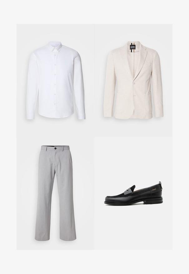 Blazer beige clair en tissu texturé, avec un col cranté, deux poches avant et une fermeture à un bouton. Étiquette de marque visible à l'intérieur.; Chemise blanche à manches longues avec boutons, fabriquée dans un tissu lisse, dotée d'un col classique, de huit boutons sur le devant et de poignets standards.; Pantalons larges gris clair en tissu texturé. Présente une taille avec passants de ceinture, une fermeture à bouton à l'avant et deux poches latérales.; Mocassin en cuir noir avec détail de bride grise, talon bas et semelle texturée, marqué "HUGO" en or sur le côté.