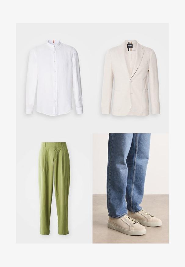 Lys beige blazer lavet af struktureret stof, med en notch revers, to forlommer og en enkelt knaplukning. Mærketikette synlig indeni.; Hvid linnedskjorte med mandarin-krave, frontknaplukning, lange ærmer og en subtil tekstur. Markant orange accent på kraven.; Lys grønne bukser lavet af et struktureret stof, med en lige form, folder foran og en standard talje.; BOSS GARYTENN_SDHDEL - Sneakers - natural ten