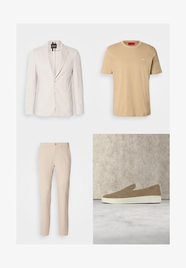 Lichtbeige blazer gemaakt van textuurstof, met een notch-lapel, twee voorzakken en een enkel knoopsluiting. Merktag zichtbaar aan de binnenkant.; Beige katoenen t-shirt met een ronde hals, korte mouwen en een klein wit "HUGO" logo op de borst. Een gladde textuur zonder patronen.; Beige broek van zachte stof, met knoopsluiting, rechte snit en zijzakken. Glad oppervlak met minimale stikdetails.; Beige instapper met witte zool, zwevend in de lucht boven een licht tapijt met amberkleurig transparant meubilair op de achtergrond.