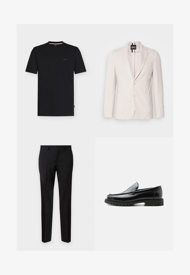 Lys beige blazer lavet af struktureret stof, med en notch revers, to forlommer og en enkelt knaplukning. Mærketikette synlig indeni.; Sort T-shirt med korte ærmer og rund hals samt et lille "BOSS"-logo på venstre bryst, vist på en ensfarvet hvid baggrund.; Sorte skræddersyede bukser lavet af glat stof, med lige ben, raffinerede folder og en klassisk talje med bæltestropper.; Sort læderloafer med chunky gummisål, syet overdel og præget mærkenavn på hælen, vist i sideprofil på hvid baggrund.