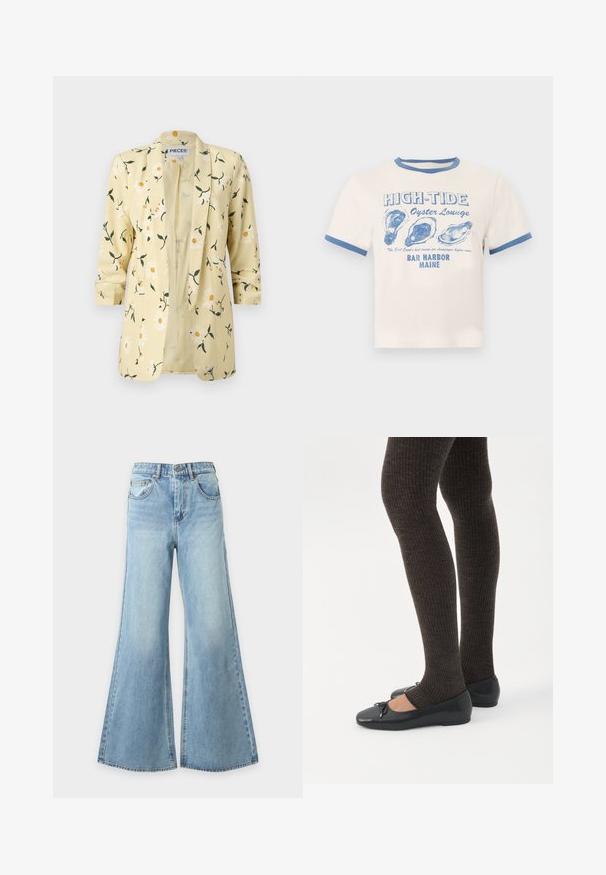Blazer jaune clair avec motif floral de marguerites blanches, manches longues avec poignets, et design à ouverture frontale.; T-shirt crème avec bordure bleue présentant le texte « HIGH-TIDE Oyster Lounge » et trois illustrations de coquilles d'huîtres bleues, en référence à Bar Harbor, Maine.; Jean bleu clair à jambes larges en denim avec fermeture à bouton et fermeture éclair à l'avant, passants de ceinture et poches avant, présenté sur un fond uni.; Jambes portant des leggings côtelés foncés associés à des ballerines noires avec de petits détails en nœud sur fond blanc.