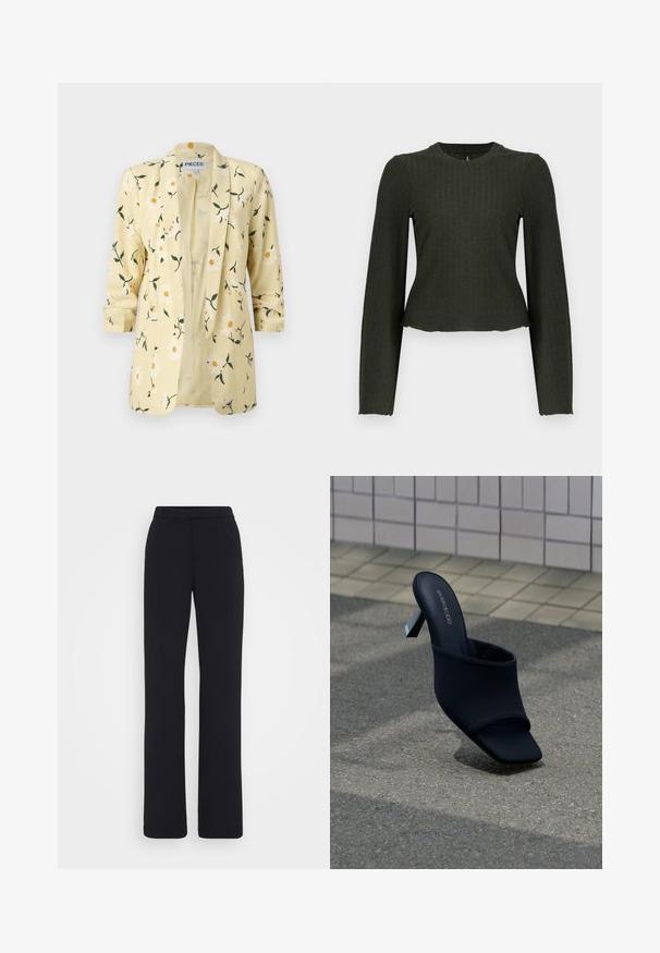 Lichtgele blazer met wit madeliefjesbloemmotief, lange mouwen met manchetknopen en een open voorpand.; Olijfgroene cropped lange mouw top gemaakt van ribbelstof. Heeft een ronde halslijn en een slim-fit silhouet.; Zwarte, op maat gemaakte broeken met een platte voorkant, rechte pijpen en een gladde, gestructureerde stof. Geen zichtbare zakken of versieringen.; Zwarte open teen mule met blokhak en vierkante neus, met merk "EVEN&ODD," geplaatst op grijze stoep vlakbij een betegelde muur.