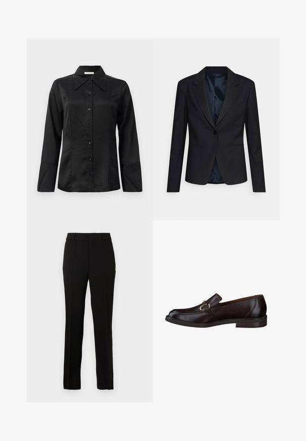 Sort blazer med et struktureret design, enkeltknaplukning, klapelit, og sidelommer; har et blødt, satin-for. ; Sort satinbluse med spidse kraver, lange ærmer, lukning med knapper foran og tætsiddende design. Glat tekstur med syninger.; Sorte skræddersyede bukser lavet af et glat materiale, med lige snit, pressefolder, bæltesløjfer og lynlås til lukning.; Brun læder loafersko med rund tå og subtil syning, med en guldfarvet hardware detalje foran, monteret på en lav hæl.