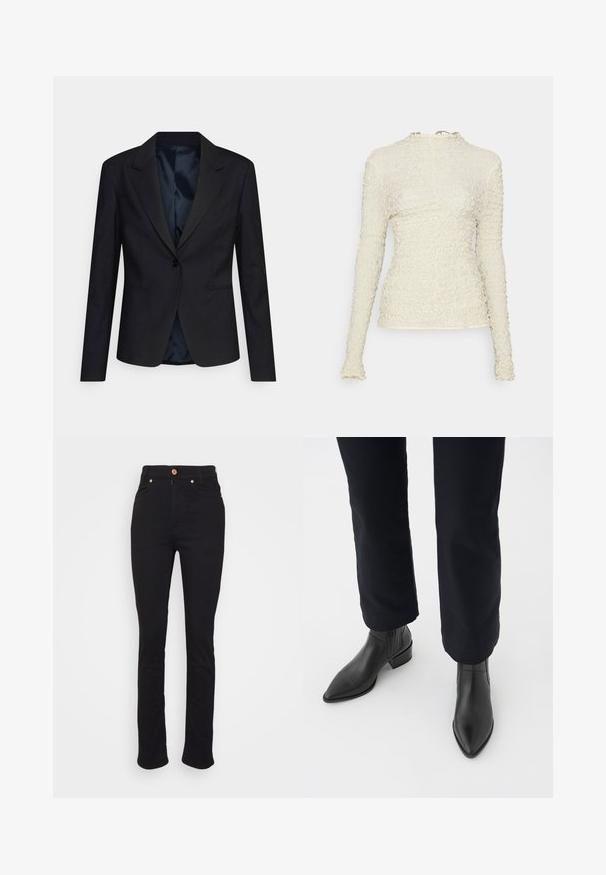 Schwarze Blazer mit strukturiertem Design, einzelner Knopfschluss, Reverskragen und Seitentaschen; ausgestattet mit einem weichen, satinierten Innenfutter.; Hofmann Copenhagen MIRELLA - Langarmshirt - vanilla; BITE Studios EASY - Jeans Skinny Fit - black; Schwarze Leder-Stiefeletten mit spitzem Zehenbereich, Blockabsatz und strukturierten Seitenpaneelen, kombiniert mit dunklen Hosen vor einem weißen Hintergrund.