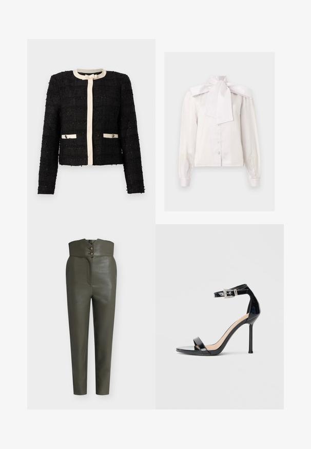 Veste en tweed noire avec bordure crème, encolure ronde, manches longues, nœud sur le devant, et deux poches boutonnées bordées de crème.; Blouse blanche à manches longues avec boutons, à fines rayures verticales et grand nœud décoratif au col haut.; Pantalon taille haute en simili cuir vert olive avec jambes fuselées et fermeture décorative à double bouton à la taille.; Sandale à talon haut en cuir verni noir avec bride à la cheville. Présente un design minimaliste, un bout ouvert et une boucle ornée de strass.