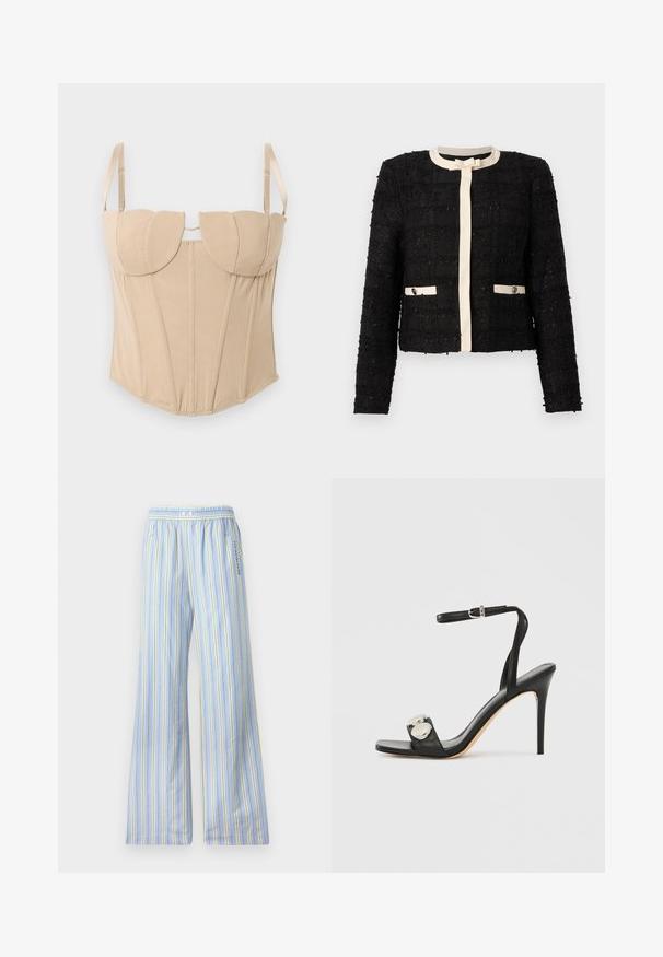 Veste en tweed noire avec bordure crème, encolure ronde, manches longues, nœud sur le devant, et deux poches boutonnées bordées de crème.; Top corset beige avec des bonnets structurés, des bretelles réglables et des coutures verticales. Texture de tissu lisse avec une silhouette cintrée.; Pantalon de pyjama bleu clair avec des rayures verticales blanches, jaunes et grises, taille élastique avec deux boutons blancs et poches latérales.; Sandale à talons hauts noire avec une bride à la cheville, présentant une tige en cuir lisse, un bout carré et deux accents métalliques ronds.