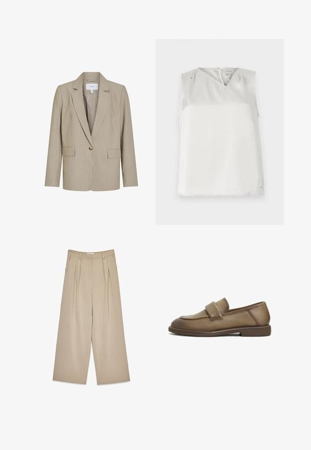 Beige enkeltradet skræddersyet blazer med hakrevers, lange ærmer, to frontlommer med klapper og glat inderfor.; Ærmeløs hvid bluse med V-udskæring, diskrete folder ved skuldrene og lynlåslukning bagpå, vist på ensfarvet baggrund.; Beige viddebukser med frontfolder, sidelommer, bælteløkker og en skjult lukning foran.; Brune læder loafers med en blød tekstur, der har et bredt strop over vristen og en lav, flad gummisål. Rent, understated design.
