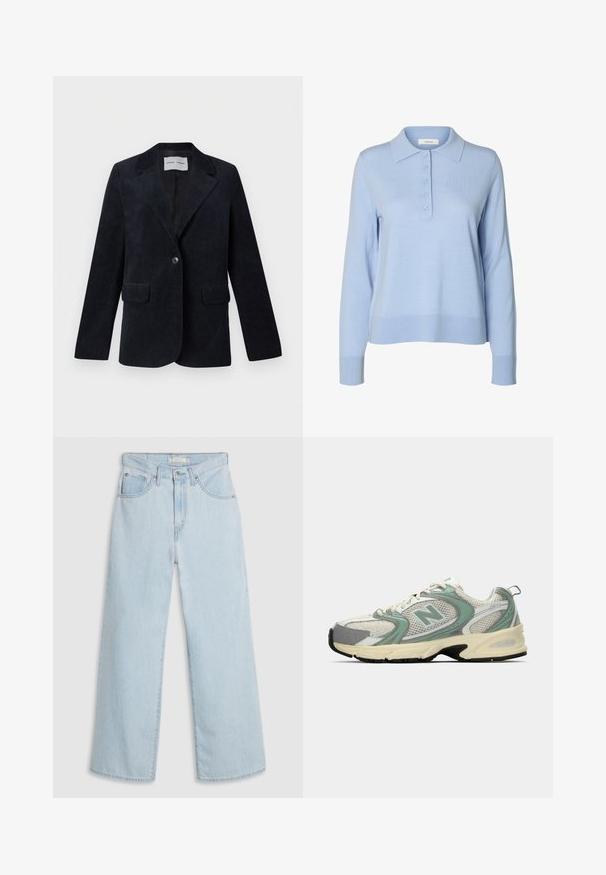 Veste blazer en velours côtelé bleu marine avec un col à revers cranté, des manches longues, deux poches avant, une fermeture à un bouton et une doublure intérieure lisse.; Polo en maille bleu clair à manches longues avec cinq boutons sur le devant, un col classique et des poignets et un bas en côtes.; Jean large en denim bleu clair à taille haute, avec une fermeture à bouton et zip, deux poches avant et des détails de couture subtils.; Baskets de sport New Balance blanches et vert clair en tissu en maille, avec une semelle beige et un semelle noire, présentées de côté sur un fond uni.