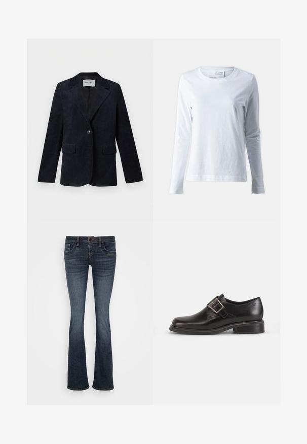 Marineblauer Cord-Blazer mit einem gestreiften Revers, langen Ärmeln, zwei Vorderentaschen, Ein-Knopf-Verschluss und einem glatten Innenfutter.; Weißes Langarm-T-Shirt aus weicher Baumwolle. Mit Rundhalsausschnitt und enganliegenden Ärmeln. Glatte Textur mit schlichten Design.; Dunkelblaue ausgestellte Jeans mit mittelhohem Bund, fünf Taschen und subtilen Stichakzenten. Hergestellt aus Denim mit glatter Textur.; Schwarze Leder-Dressschuhe mit abgerundeter Zehenform, seitlichem Gürtelverschluss und strukturierter Sohle, vor einem schlichten weißen Hintergrund.