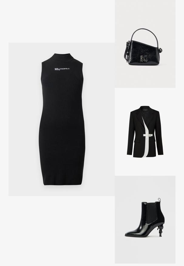 Sort blazer med en kontrasterende hvid frontpanel, struktureret silhuet, spidse klapkraver, sidelommer og en hvid bælte detaljer med spænde.; Sort ærmeløs ribstrikket kjole med høj hals og hvidt "Karl Lagerfeld Jeans" logo på brystet.; Sort ankelstøvle i laklæder med elastiske sidepaneler, spids tå og en unik skulpturel hældesign med en lille figur.; Sort tekstureret læderhåndtaske med en trekantet form, der har et kort håndtag, justerbar rem og en metallisk logoaccent.