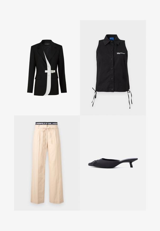 Blazer noir avec un panneau avant blanc contrastant, silhouette structurée, revers crantés, poches latérales et une ceinture blanche à boucle.; Chemisier noir sans manches à boutons, avec col, liens sur les côtés et logo blanc "KARL LAGERFELD JEANS" sur la poitrine gauche.; Pantalon beige à jambes larges avec plis, cordon de serrage à la taille et ceinture élastique noire ornée du texte blanc "KARL LAGERFELD".; Mule pour femmes noires avec bout pointu, empeigne en tissu, petit talon bobine et un nœud décoratif à l'avant, présenté en profil latéral.