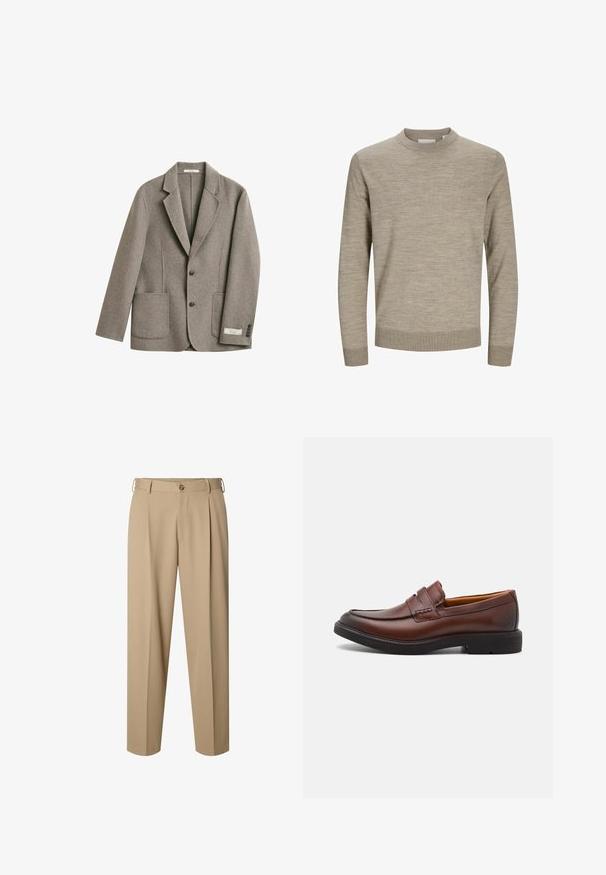 Blazer gris en laine à simple boutonnage, revers crantés, deux poches avant plaquées, deux boutons et poignets boutonnés sur fond blanc.; Pull beige à manches longues avec col rond, poignets et ourlet côtelés, présenté sur un fond blanc.; Pantalon beige ajusté avec plis sur le devant, passants pour ceinture, fermeture par bouton et coupe droite.; Mocassins en cuir marron avec un bout arrondi, des coutures décoratives et une semelle en caoutchouc noire. Texture lisse et détails de conception minimaux.
